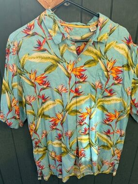 Tommy Bahama Turquoise Tropical SILK Button-Down Shirt, Large, Vintage